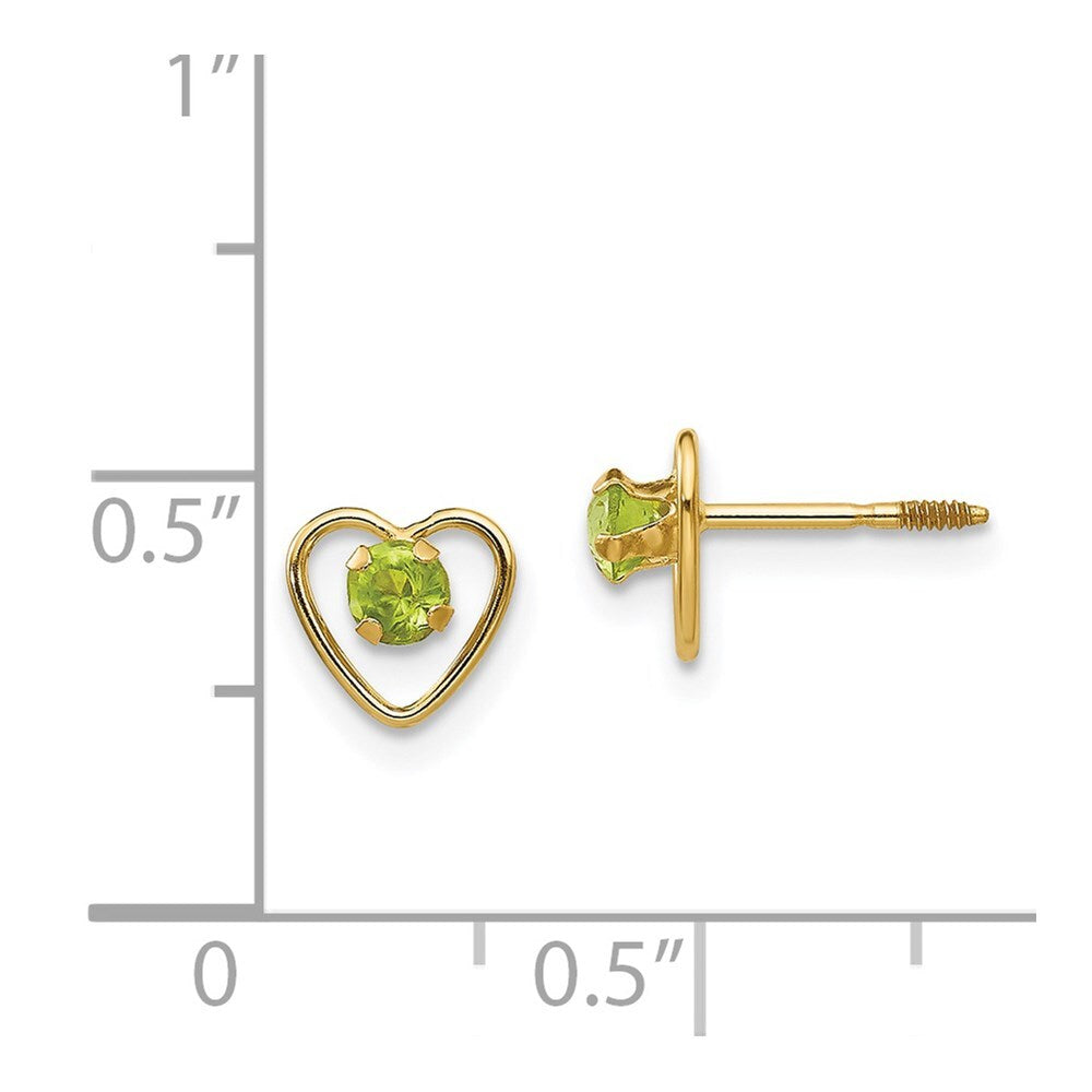 14k Yellow Gold 3mm Genuine Peridot Birthstone Heart Stud Earrings