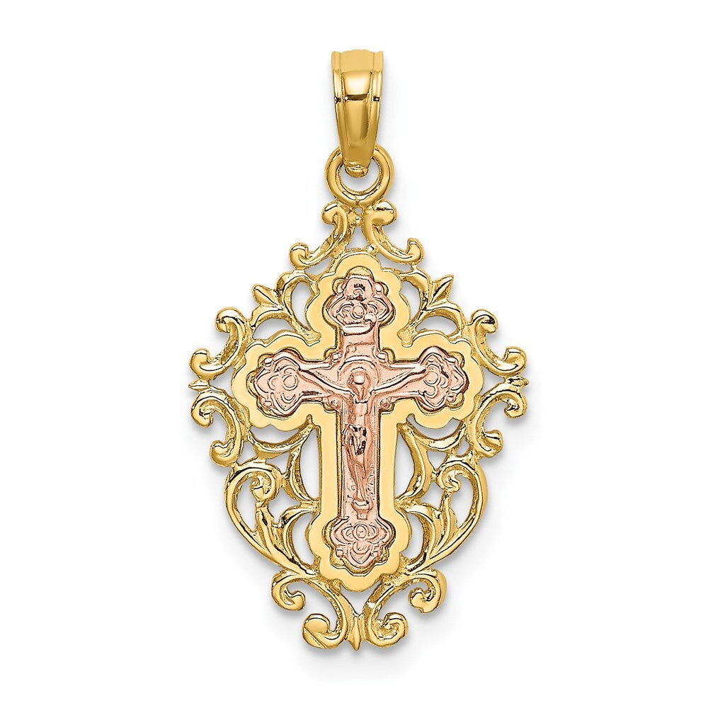 14k Two-tone Gold Two Tone  Lace Trim Crucifix Charm Pendant for Women