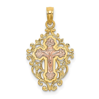 14k Two-tone Gold Two Tone  Lace Trim Crucifix Charm Pendant for Women