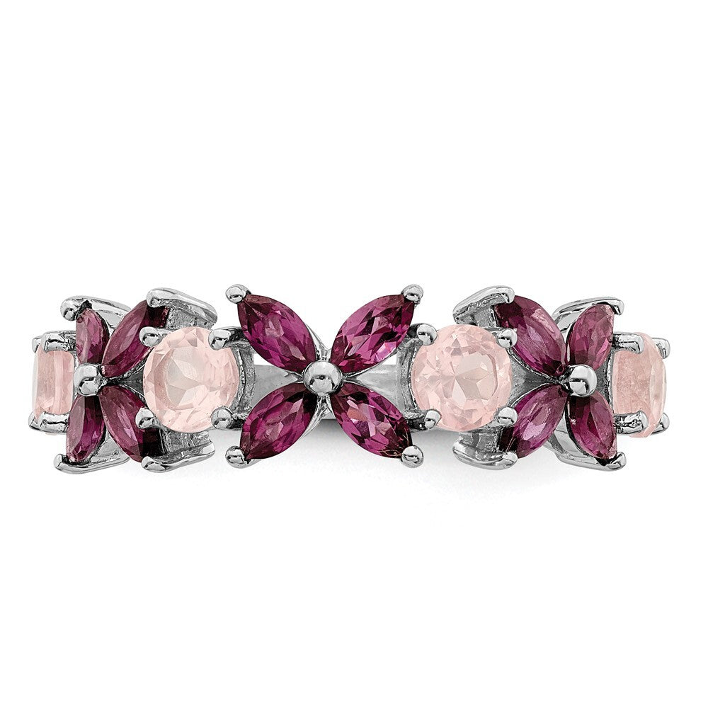 Sterling Silver Rhodium-plated Rose Quartz & Rhodolite Ring Size 8
