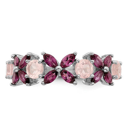 Sterling Silver Rhodium-plated Rose Quartz & Rhodolite Ring Size 8