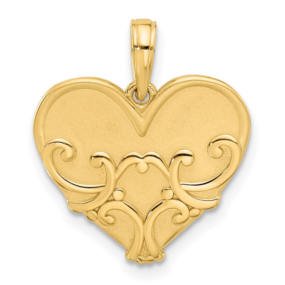 14k Yellow Gold Polished and Brushed Fancy Heart Charm Pendant for Women