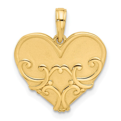 14k Yellow Gold Polished and Brushed Fancy Heart Charm Pendant for Women