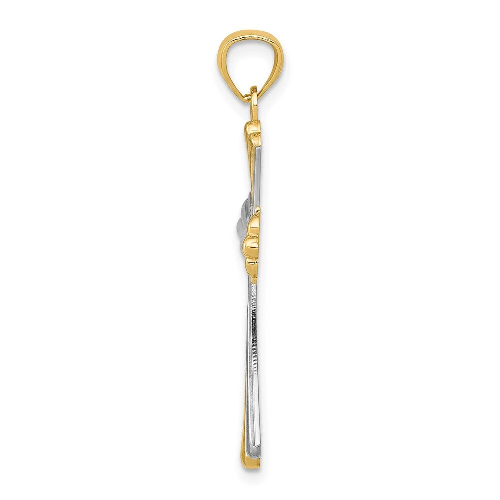 14k Yellow Gold Diamond-Cut Rhodium Budded Cross Pendant