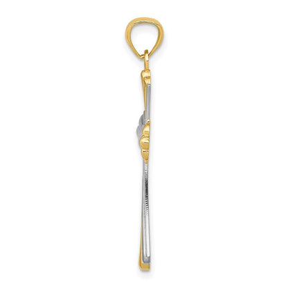 14k Yellow Gold Diamond-Cut Rhodium Budded Cross Pendant