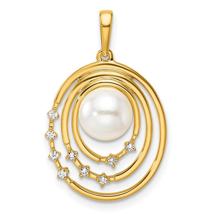 14k Yellow Gold Polished 1/15Ct Diamond & Freshwater Cultured Pearl Oval Pendant