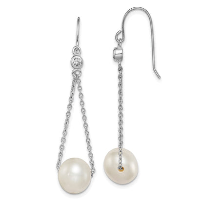 Sterling Silver White Semi-Round Cultured Pearl & Cubic Zirconia Dangle Earrings