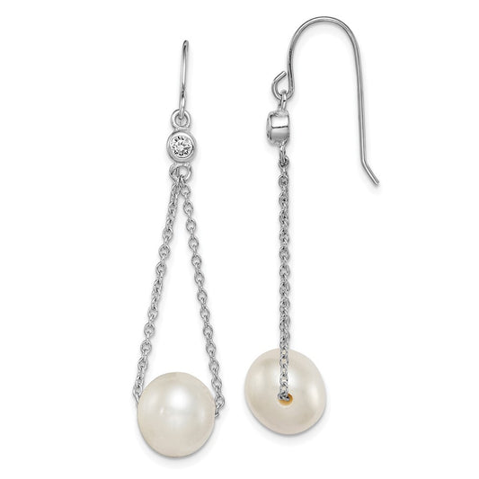 Sterling Silver White Semi-Round Cultured Pearl & Cubic Zirconia Dangle Earrings