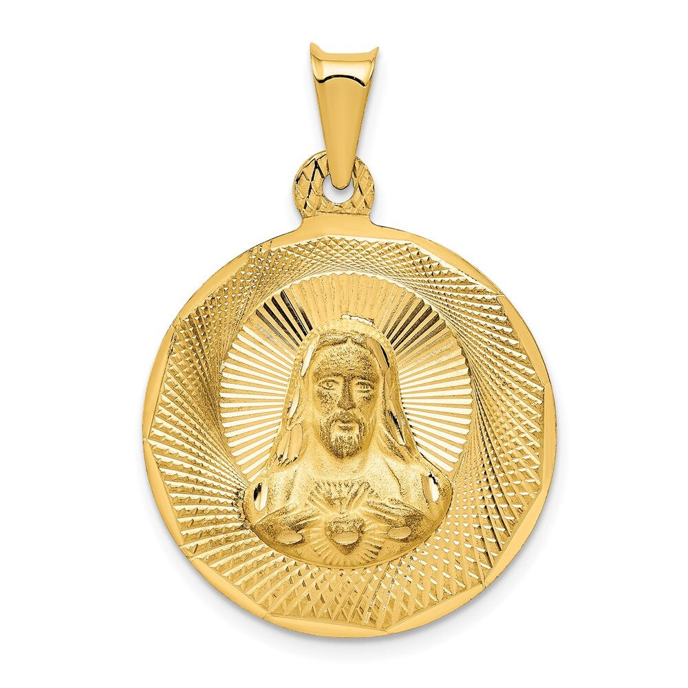 14k Yellow Gold Polished Diamond-Cut Sagrado Corazon Circle Pendant for Women