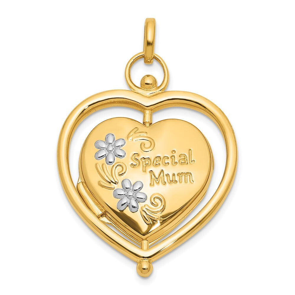 14k Yellow Gold White Rhodium Floral Special Mum Reversible Heart Locket Pendant