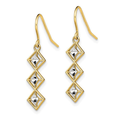 14k Yellow Gold Rhodium Fancy Diamond-cut Dangle Wire Earrings