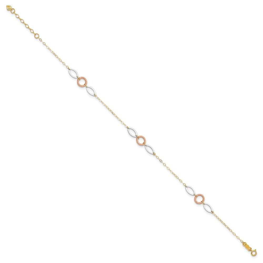 14k Tri-color Circle and Oval 3-Station 10" Anklet
