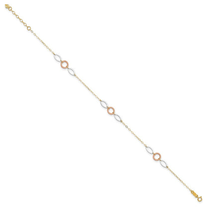 14k Tri-color Circle and Oval 3-Station 10" Anklet