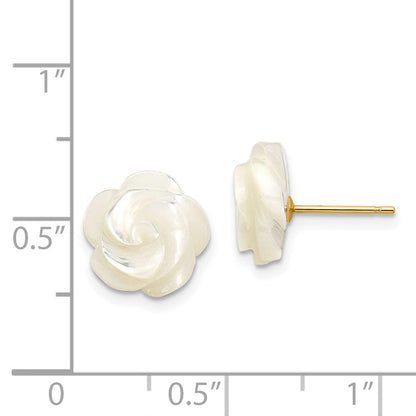 14k Yellow Gold 10mm White Mother of Pearl Flower Design Stud Earrings