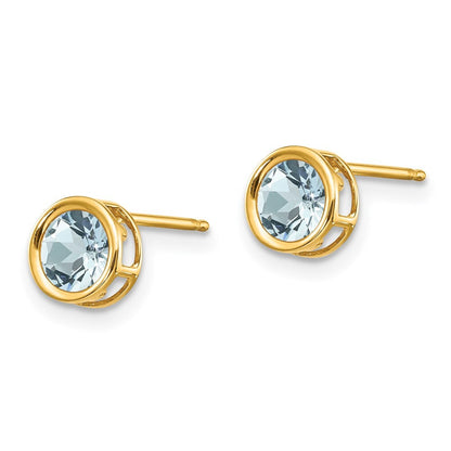 14k Yellow Gold 5mm Bezel Aquamarine Stud Earrings Gift for Women