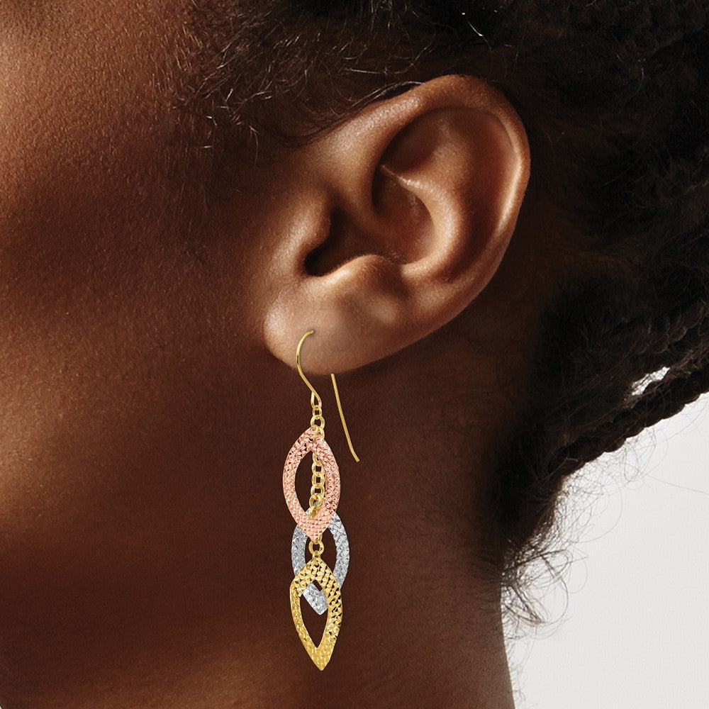 14K Tri-color Diamond Cut Tear Drop Drop Dangle Earrings w/ Shepherd Hook