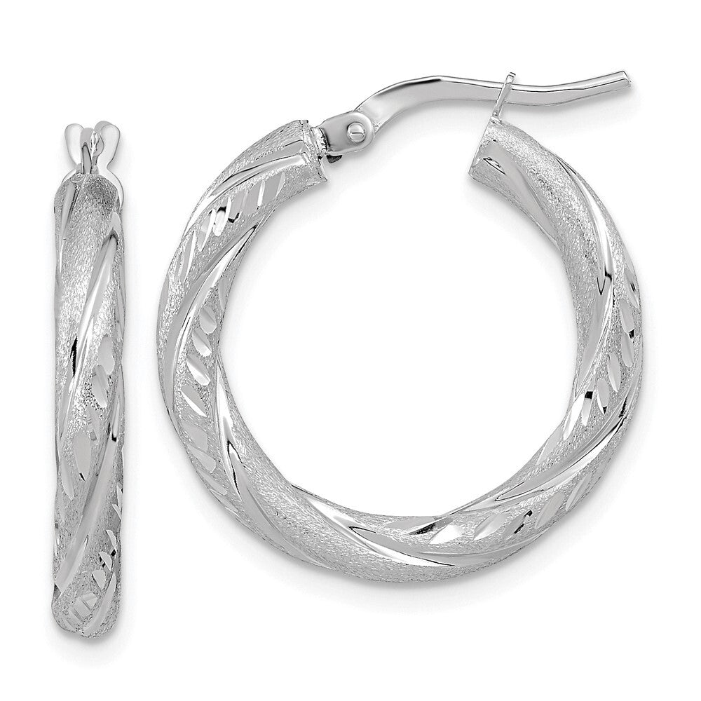 14k White Gold 3mm Polished & Satin Diamond-Cut Hoop Earrings Gift for Women