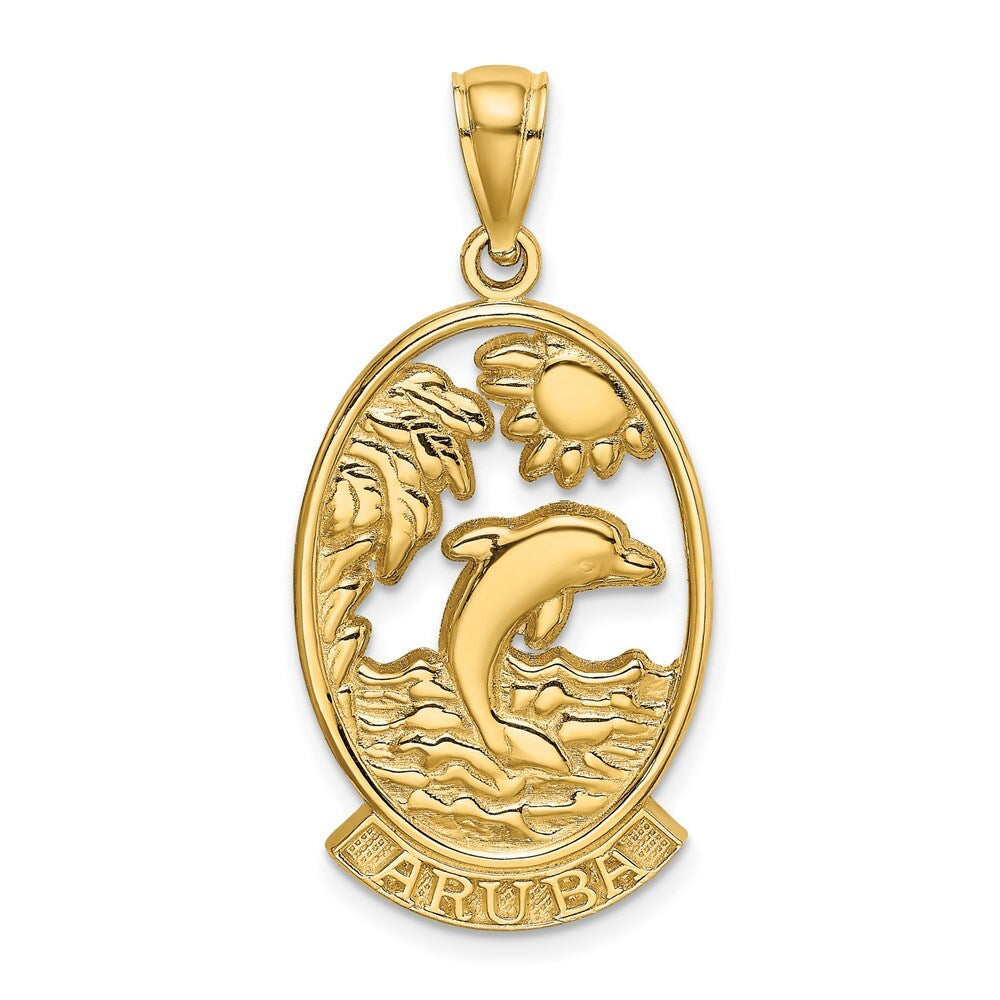 14k Yellow Gold ARUBA Dolphin Sunset In Frame Charm
