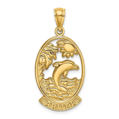 14k Yellow Gold ARUBA Dolphin Sunset In Frame Charm