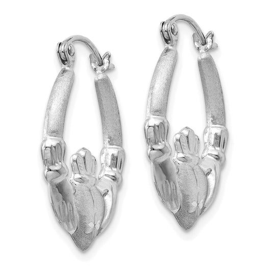 14k White Gold Satin and Diamond-cut Claddagh Hoop Earrings Gift for Women