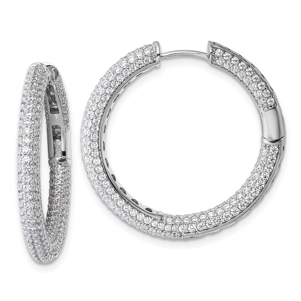 Sterling Silver In and Out CZ Pave 3.1 x 29mm Hinged Hoop Earrings