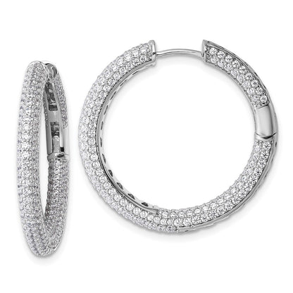 Sterling Silver In and Out CZ Pave 3.1 x 29mm Hinged Hoop Earrings