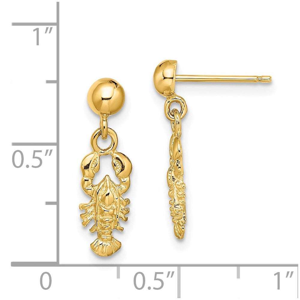 14k Yellow Gold Lobster Dangle Earrings Gift for Women