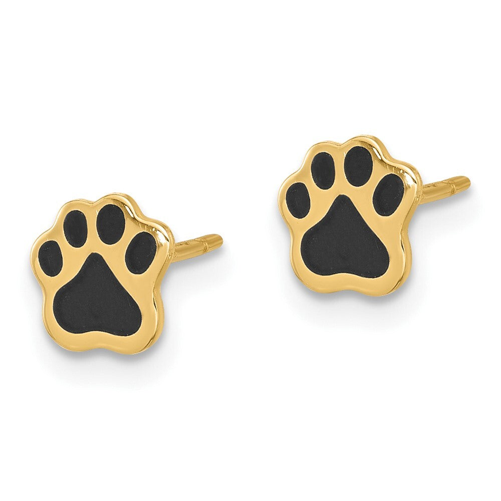 14k Yellow Gold Polished Paw with Black Enamel Stud Earrings Gift for Women