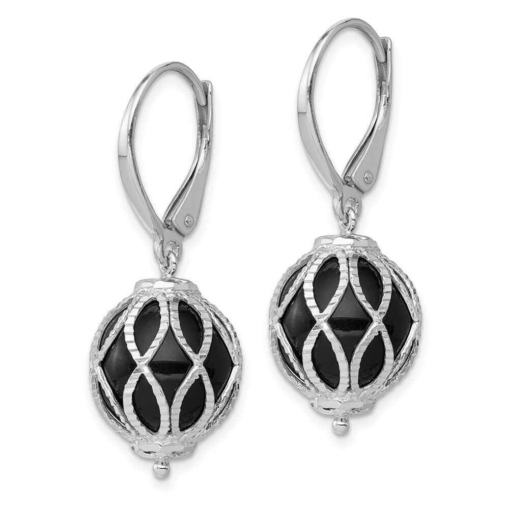 Sterling Silver Rhod-plated Polished Diamond-cut Onyx Leverback Dangle Earrings