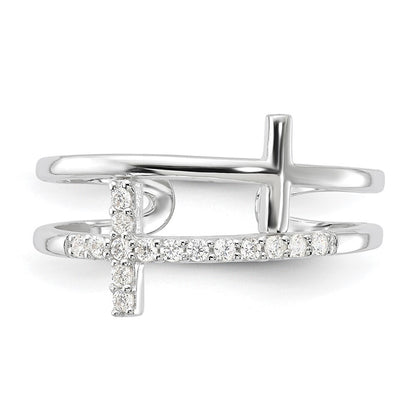Sterling Silver E-coated CZ Cross Open Back Ring Size 6