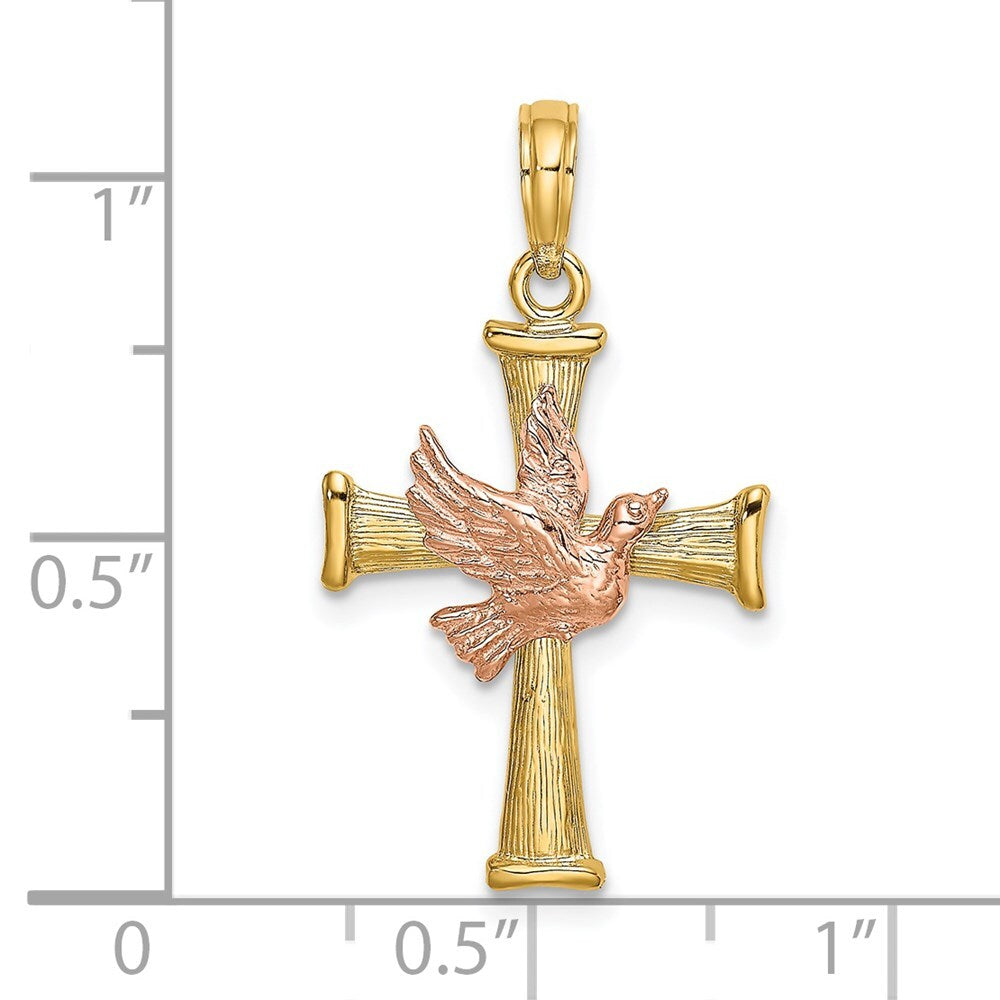 14k Two-tone Gold Textured Finish Cross  Dove Charm Pendant for Women