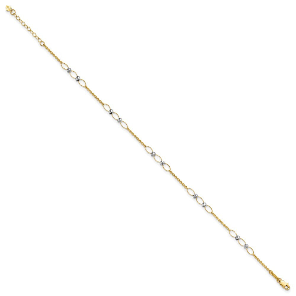 14k Two-tone Oval Links and Mirror Beads 10" Anklet