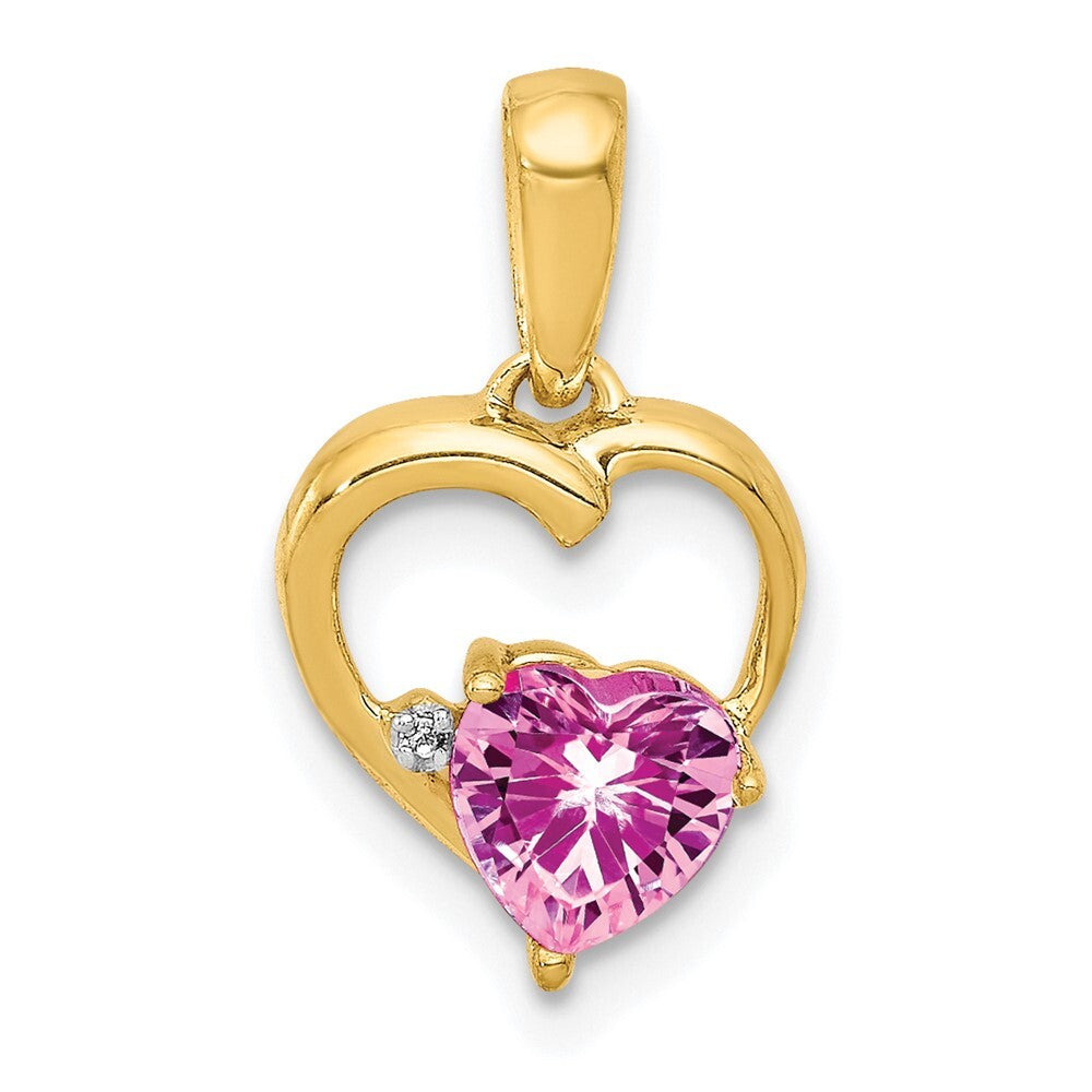 14k Yellow Gold Created Pink Sapphire and Diamond Heart Pendant for Women