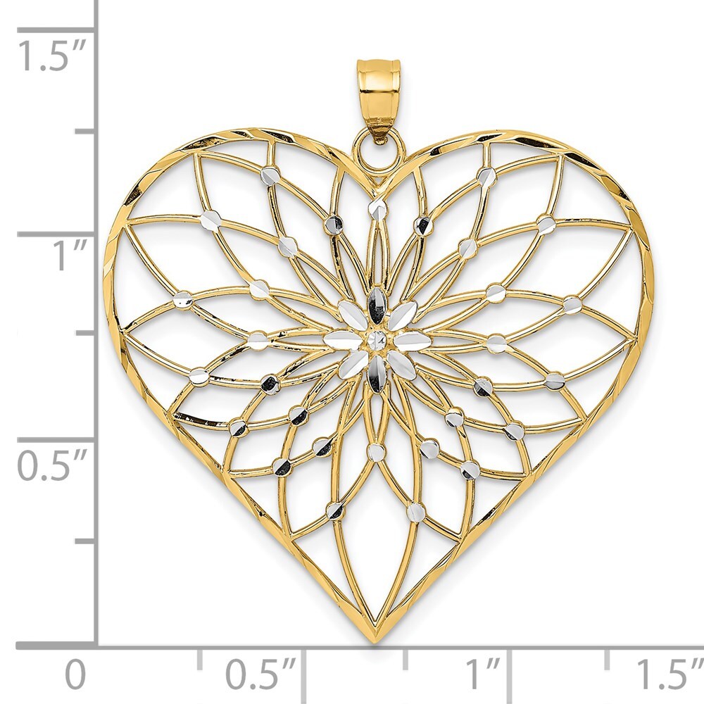 14k Yellow Gold with White Rhodium Diamond-cut Large Filigree Heart Pendant