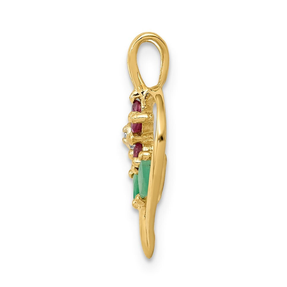 14k Yellow Gold Siam Ruby/Emerald/Diamond Flower in Heart Pendant for Women