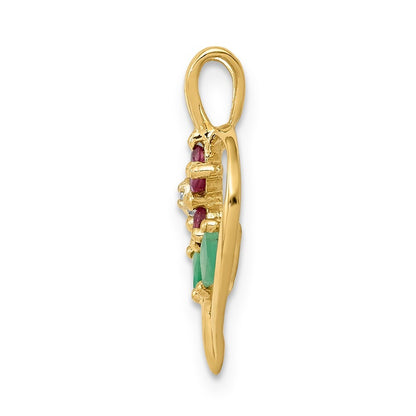 14k Yellow Gold Siam Ruby/Emerald/Diamond Flower in Heart Pendant for Women