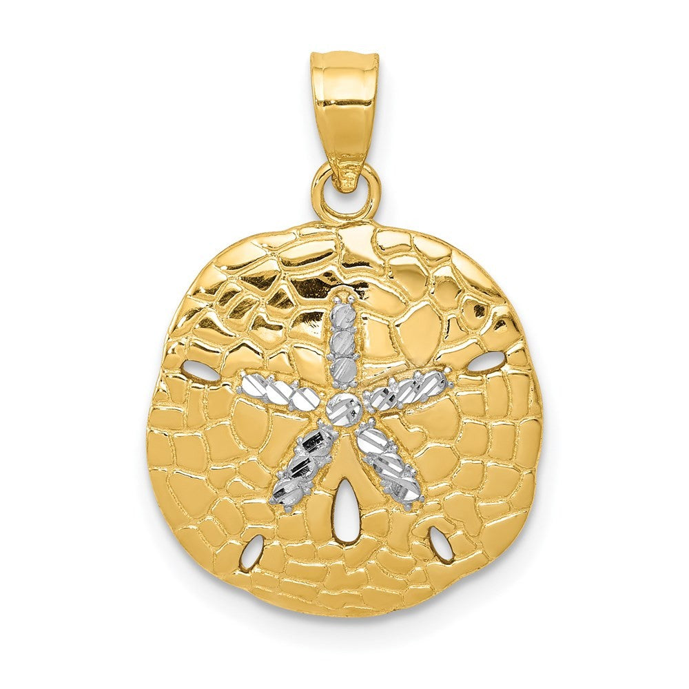 14k Yellow Gold with White Rhodium Polished Diamond-Cut Sand Dollar Pendant