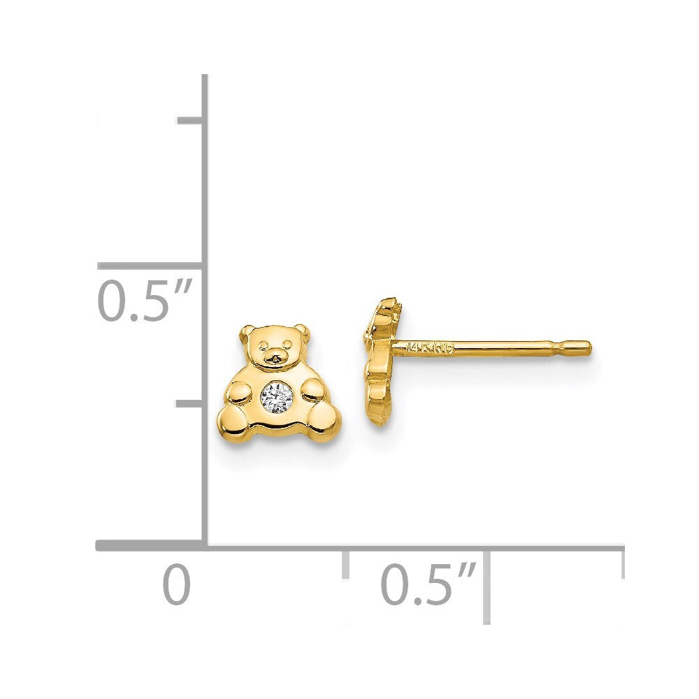14k Yellow Gold Bear with Cubic Zirconia Stud Earrings Gift for Women