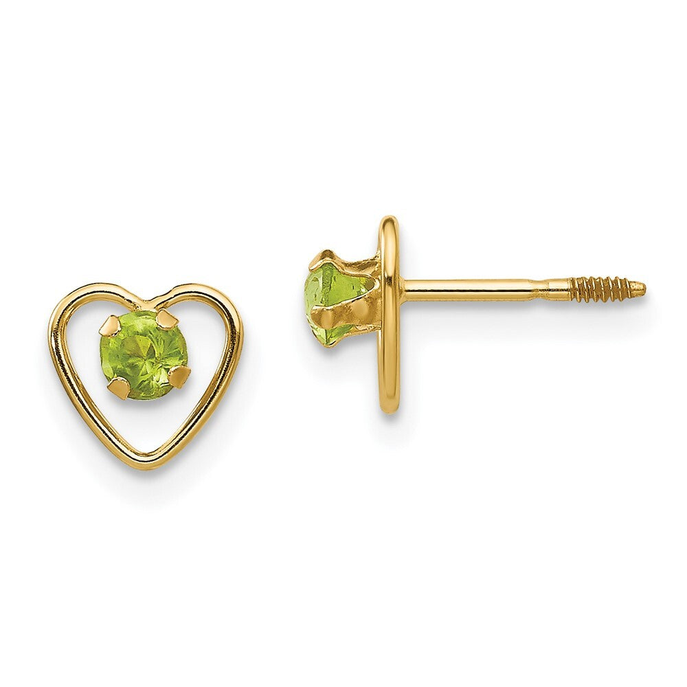 14k Yellow Gold 3mm Genuine Peridot Birthstone Heart Stud Earrings