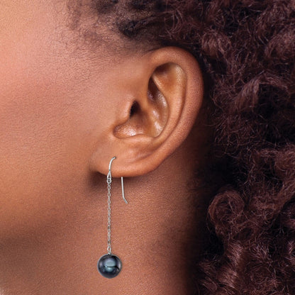 Sterling Silver 9-10mm Black Round Freshwater Cultured Pearl Dangle Earrings