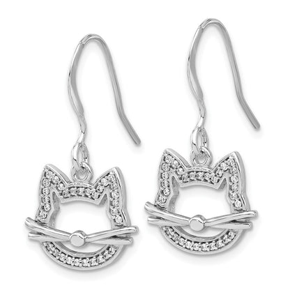 Sterling Silver Rhodium-plated Cubic Zirconia Cat Head Dangle Earrings
