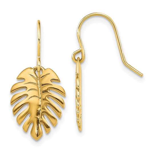 14k Yellow Gold Polished Palm Leaf Dangle Earrings Gift for Women
