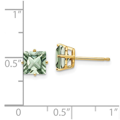 14k Yellow Gold 6mm Square Green Quartz Stud Earrings Gift for Women