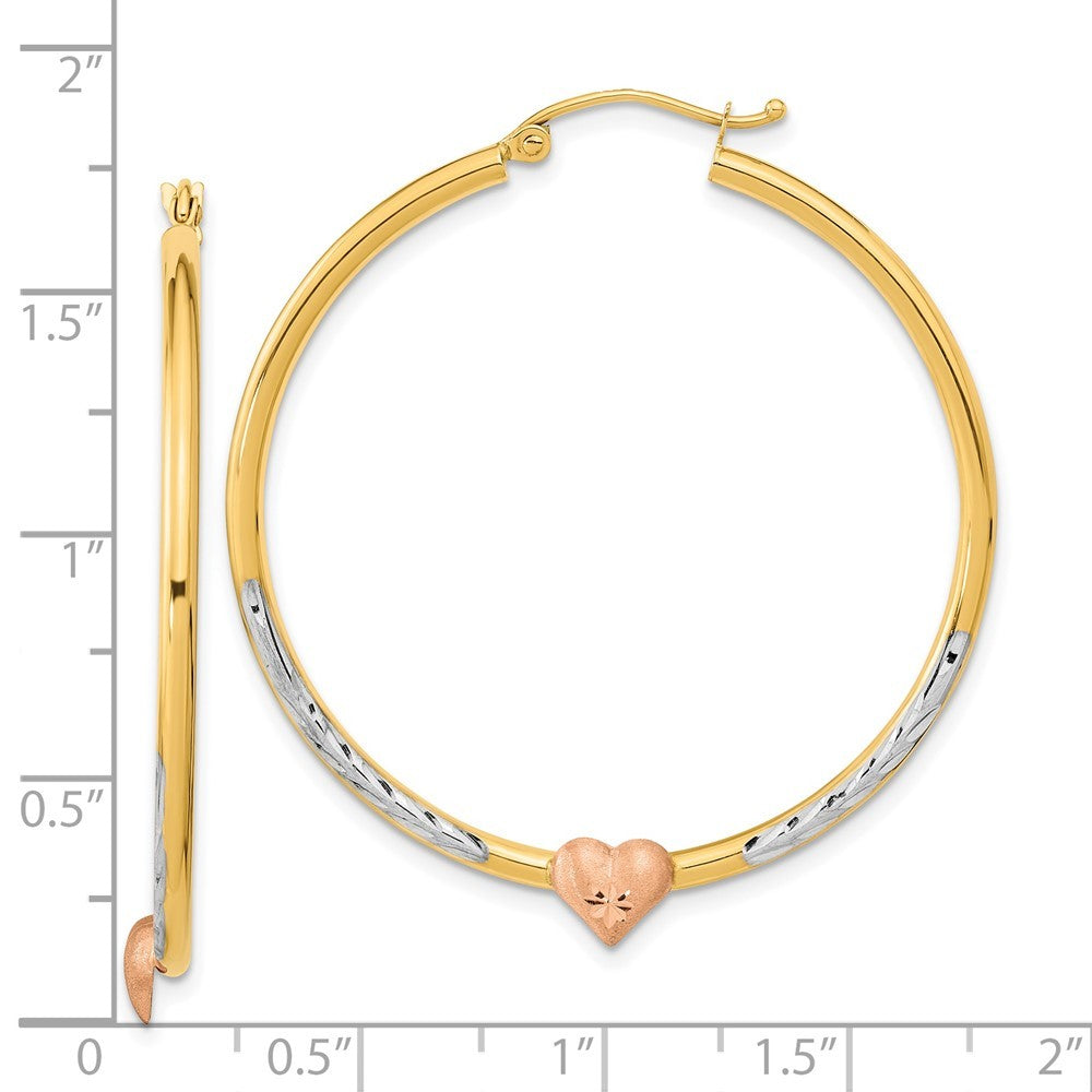 14k Two-tone with White Rhodium Diamond-Cut Heart Hoop Earrings