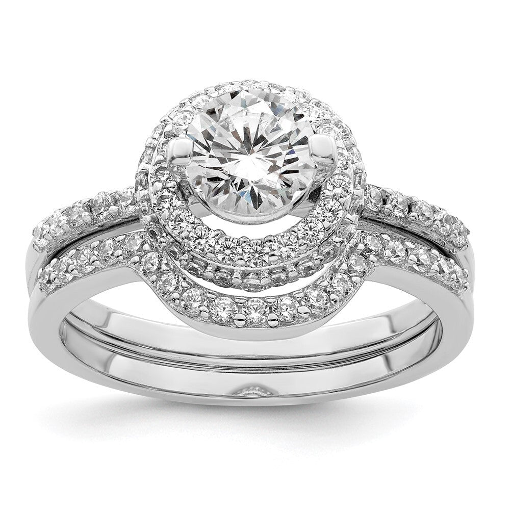 Sterling Silver Rhodium-plated CZ Halo Engagement Ring & Band Set Size 8