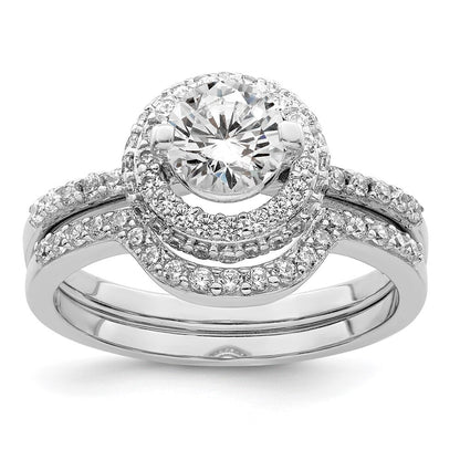 Sterling Silver Rhodium-plated CZ Halo Engagement Ring & Band Set Size 8