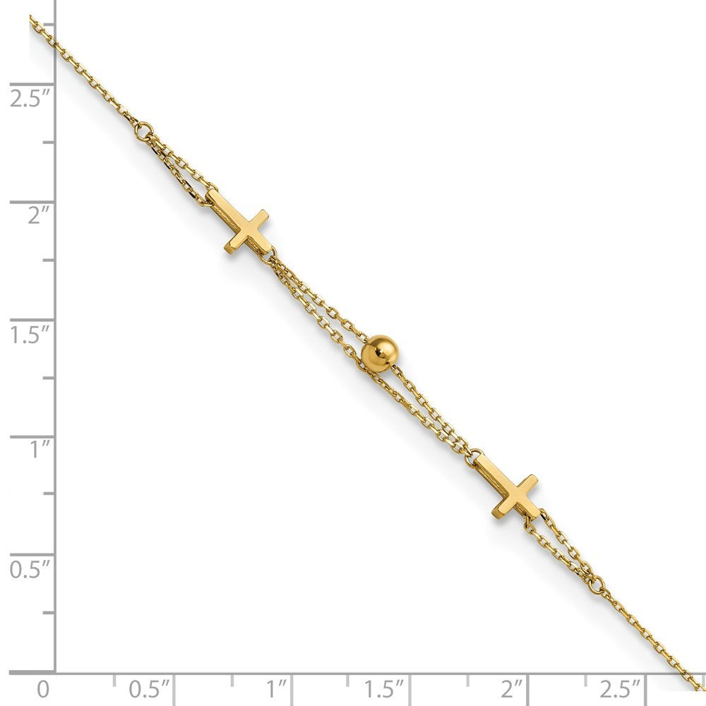 14k Yellow Gold Polished Double Strand Cross and Bead 7.5 inch Bracelet
