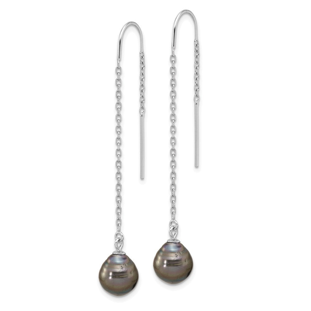 Sterling Silver 9-10mm Black Tahitian Saltwater Cultured Pearl Threader Earrings
