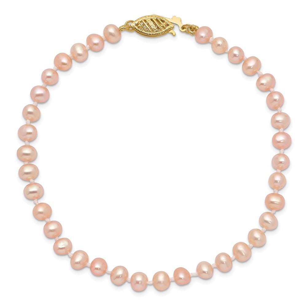 14k Yellow Gold 4-5mm Pink Near-Round Freshwater Cultured Pearl 7.5" Bracelet