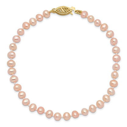 14k Yellow Gold 4-5mm Pink Near-Round Freshwater Cultured Pearl 7.5" Bracelet